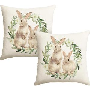 AVOIN colorlife Easter Bunny Wreath Throw Pillow Covers, 18 x 18 Inch Rabbits Eucalyptus Leaves Cushion Case Decoration for Sofa Couch Set of 2