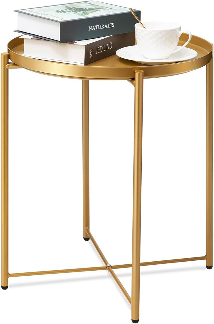 danpinera Gold Side Table 2 Pack, End Table for Small Spaces Outdoor Accent Table Round Metal Patio Coffee Table Waterproof Removable Tray for Living Room Bedroom Balcony Office (1 Tier)