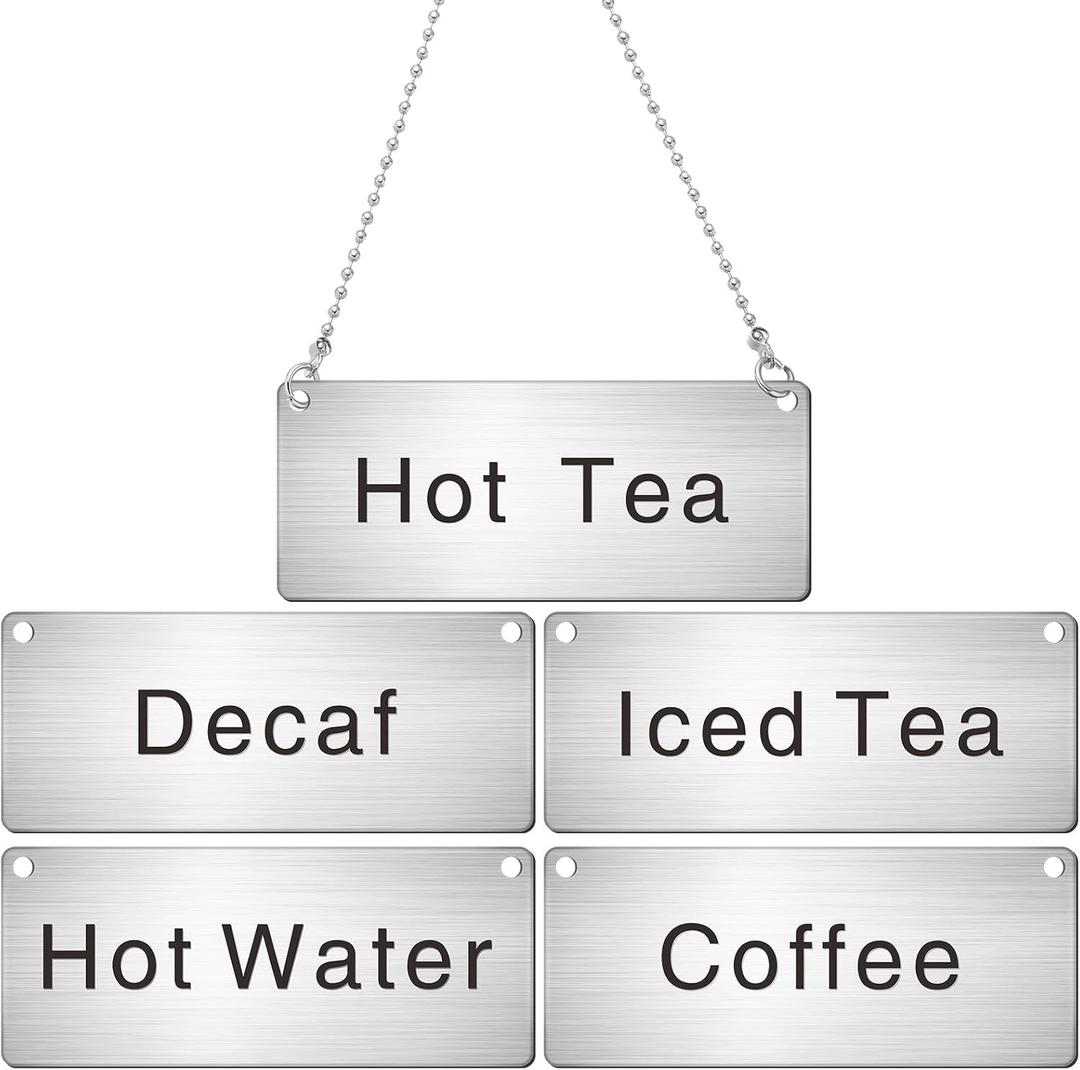 Hicarer 5 Pcs Stainless Steel Chain Signs 3-1/2 x 1-3/8 Beverage Table Display Hanging Chain Sign(Coffee, Decaf, Hot Water, Hot Tea, Iced Tea)