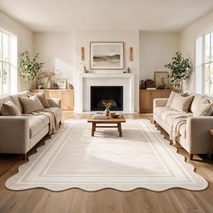 Garvee Scalloped Area Rug 9x12 Large Washable Rug for Living Room, Beige | Girls Rug for Bedroom, Non-Slip Soft Carpet for Bedroom, Scalloped Low-Pile Print Accent Rug for Dining Room Home Office