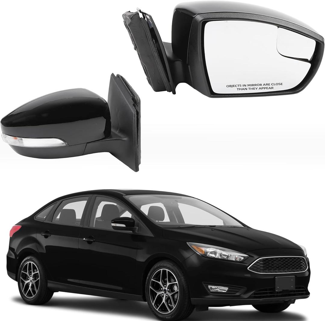 Dasbecan Right Passenger Side Mirror Compatible with 2015-2018 Ford Focus Black Rearview Mirror w/Turn Signal, Manual Folding, Power Glass and Temperature Sensor (7Pin)