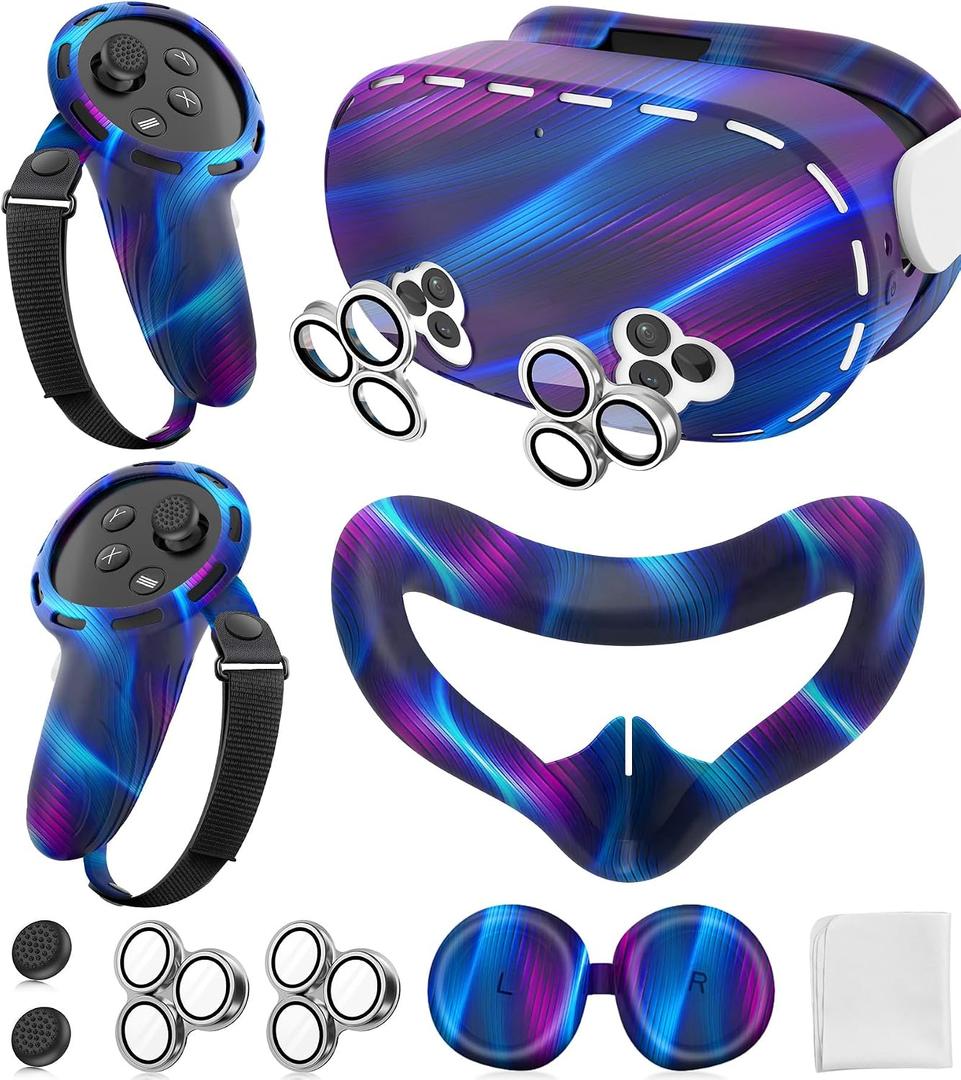 Silicone Cover Set Compatible with Meta/Oculus Quest 3s Accessories, Silicone Face Cover, Controller Grip Cover, Camera Lens Protector, VR Shell Cover, Protective Lens Cover, Not Fit Quest 3