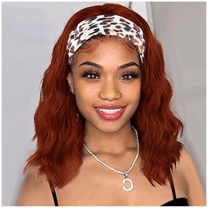 nicene Auburn Headband Wigs for Black Women Short Auburn Wavy Natural Hairline Bob Shoulder Length Synthetic Curly Daily Glueness Wigs14inch 350# (Ginger)