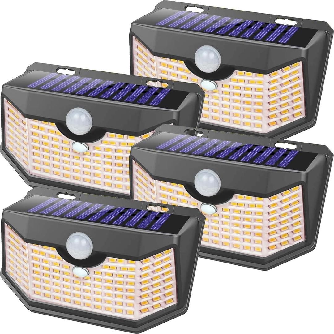 HMCITY 120 LED Outdoor Solar Lights- with Motion Sensor and 3 Lighting Modes, IP65 Waterproof Wide Solar Wall Lights Ideal for Garden Patio Yard (Front Button 4Packs, Warm White, 3000K)