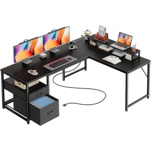 PRAISUN 55 Inch L Shaped Desk with Power Outlets and USB-C Port, Computer Corner Home Office Desk with File Fabric Drawers and Movable Monitor Stand, Larger Storage for Gaming, Work, Black