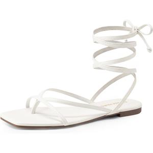 DREAM PAIRS Women's Strappy Flat Sandals - Comfortable Lace Up Gladiator Dressy Sandals, Square Toe Tie Up Walking Sandal, Summer Wrap Up Vocation Sandal Mermaid Shoes (8, Brown)