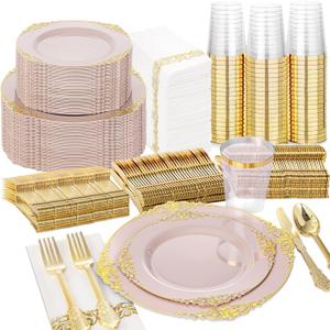 Nervure 350PCS Pink Plastic Plates - Pink Plastic Dinnerware Sets for 50 Guests - 100 Disposable Plates, 150 Gold Silverware, 50 Cups, 50 Napkins Perfect for Wedding & Party & Valentines