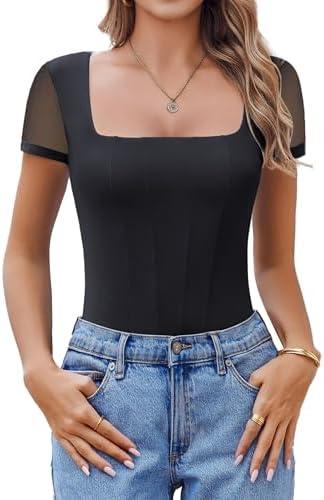 Avidlove Women's Short Sleeve Bodysuits Sexy Square Neck Body Suit Mesh Double Lined Tshirt Leotard Tops Going Out Black XXL
