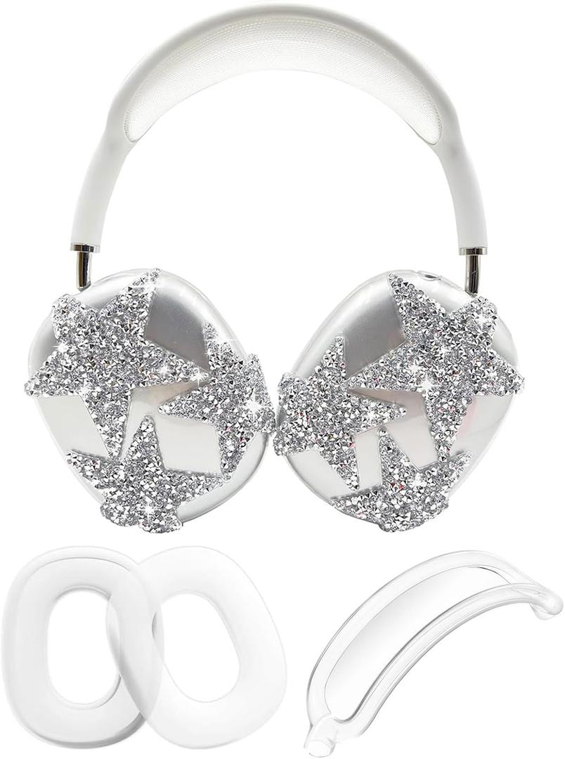 3 in 1 Bling Case Cover for AirPod Max, Clear TPU Glittering Rhinestones Stars Protective Ear Cups Covers Silicone Earpad Headband Covers Compatible for Apple AirPods Max Headphones (Star)