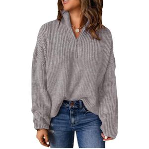 EVALESS Quarter Zip Sweaters for Women Waffle Kint Long Sleeve Pullover Sweater Business Casual Outfits (Large, Gray)