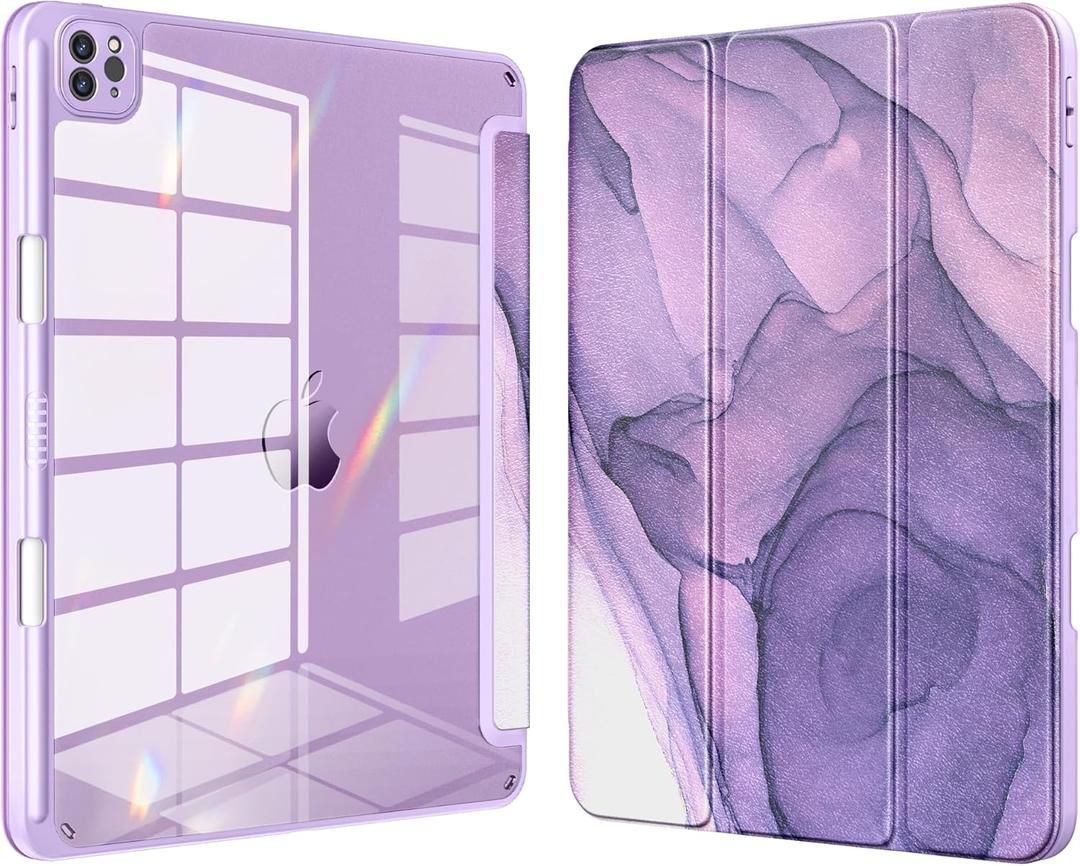 DTTOCASE iPad Pro 12.9 Case 6th / 5th / 4th / 3rd Generation 2022/ 2021 / 2020/ 2018, 12.9 inch Clear Back Cover[Built-in Pencil Holder, Auto Sleep/ Wake, Camera Protection] for iPad Pro-Purple Marble
