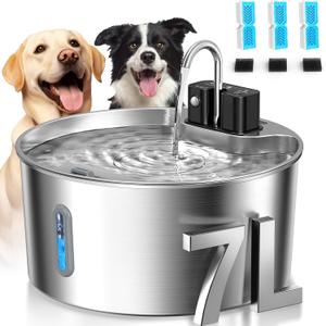 Voluas Dog Water Fountain: 1.8Gal/7L Wireless Stainless Steel Dog Fountain Bowl for Small to Large Dogs, Battery Operated Pet Water Dispenser Indoor with Ultra-Quiet Pump, Easy Clean, 3 Filter