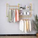 Industrial Pipe Wall-Mounted Clothing Rack with 2 Wood Shelves - Heavy Duty Double Rod Metal Garment Organizer for Bedroom/Retail Stores, Gold (30H12.5D59W inch)
