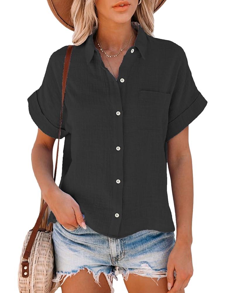 Lingjiazi Womens Short Sleeve Button Down Shirts V Neck Collared Blouses Tops for Women S