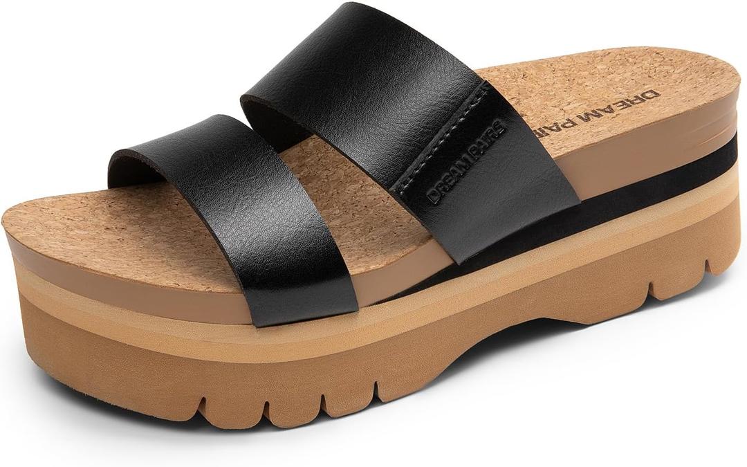 DREAM PAIRS Women's Platform Slides Sandals Comfortable Arch Support Two Strap Slip On Fashion Beach Wedge Sandals, US 7