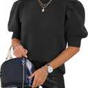 WIFFGO Womens Puff Short Sleeve Sweaters Tops Crew Neck Trendy Casual Knit Comfy Loose Fall Sweater Jumper Outfits Black M