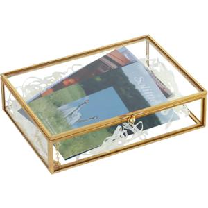 HighFree Gold Glass Photo Box - Vintage Photo Storage Organizer - Keepsake Display Box - Clear Jewelry Glass Box - Home Decor Box for Trinket Rings Bracelet (Medium) HighFree Gold Glass Photo Box - Vintage Photo Storage Organizer - Keepsake Display Box - Clear Jewelry Glass Box - Home Decor Box for Trinket Rings Bracelet (Medium)