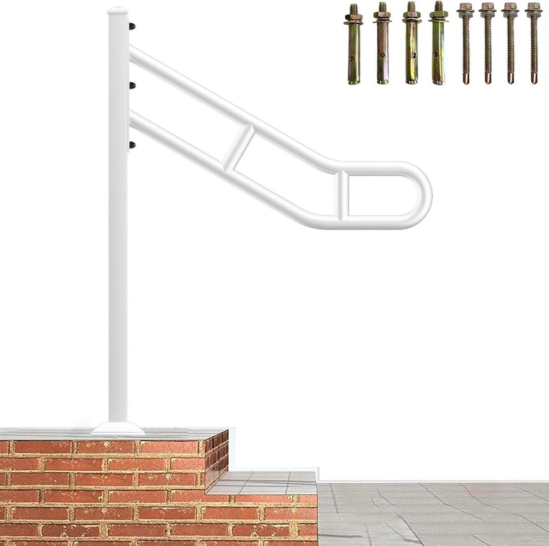 Upgraded Single Post Handrail, White Hand Rails for Outdoor Steps, Metal Freestanding Stair Railing, Floor Mounted Hand Rails for Outdoor 1-3 Steps with 2 Anti-Skid Crossbar for Garage, 32"L x 35.8" H