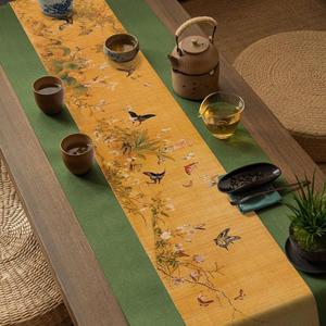Asian Style Bamboo Table Runner, Ancient Chinese Paintings Zen Table Mat Placemat for Home Office Party Decor (Hundreds of Butterflies, 12x48 Inch)