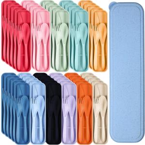 Yahenda 55 Sets Reusable Travel Utensils Set with Case Wheat Straw Cutlery Portable Spoon Knife Fork Tableware Lunch Box Bulk for Adults Travel Picnic Camping Utensils Gifts (Colorful Colors) (pink, blue, green, yellow, beige, orange, purple, dark blue, dark green, black, red)