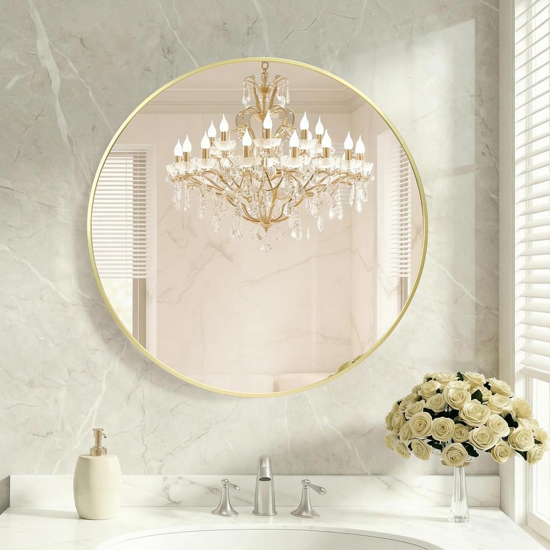 DUMOS 30 Inch Round Wall Mirror, Bathroom Mirror, Gold | Metal Frame, HD Reflection Shatterproof Glass Vanity, Decor for Bathroom Vanity Bedroom Entryway Glod Round, 30"L x 30"W