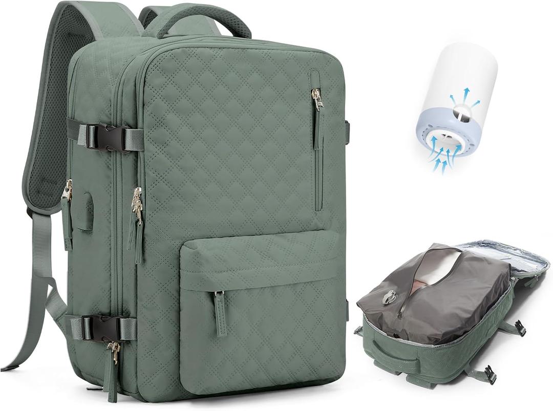 Travel Vacuum Storage Backpack with Air Pump Vacuum Seal Compression Space Saver Bags Clothing Vacpack 18x14x8 inches Travel Bag Carry on Personal item Laptop Work Backpacks Women Dark Green