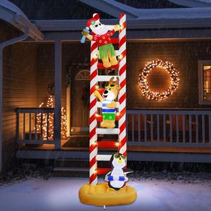 Joliyoou 10FT Christmas Inflatable Decorations, Hawaii Beach Themed Giant Lighted Ladder Blowups Climbed with Penguin, Reindeer, Santa, C7 String Lights for Xmas Holiday Decor
