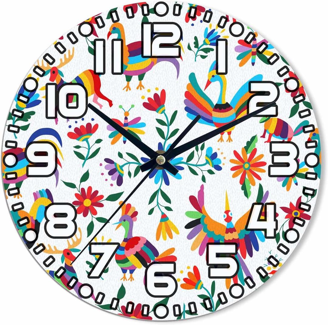 Animals Mexican Wall Clock Battery Operated Flowers Bird Spring Colorful Traditional Clip Art Wall Clock Silent Non-Ticking Quality Quartz 10 Inch Round Easy Clock to Read for Home Office