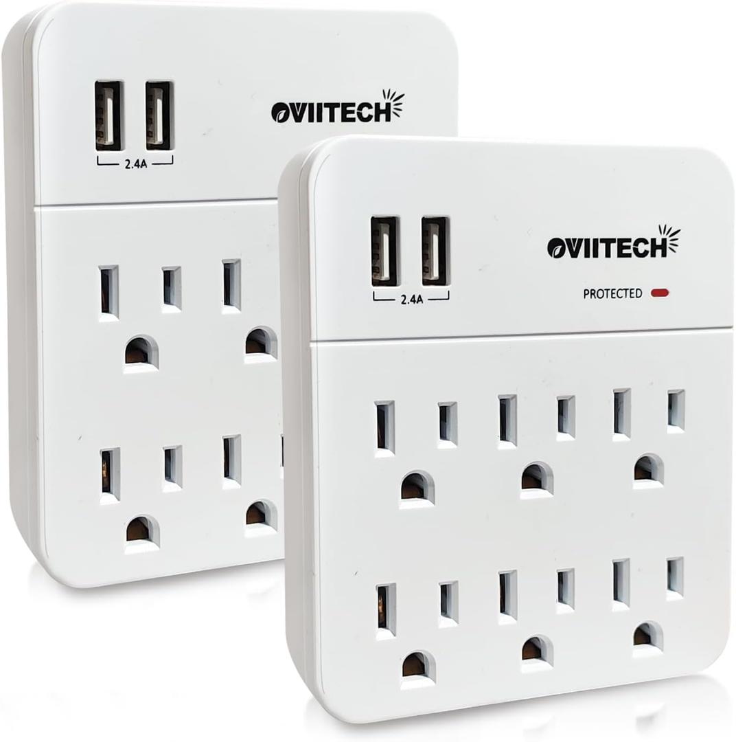 6 Outlet Extender Surge Protector Wall Mount Adapter with Dual 2.4A USB Charging Ports, Oviitech Multi Plug Outlets,6 AC Socket Outlet Splitter,900 Joules Surge Suppression, White, ETL Certified2 Pack