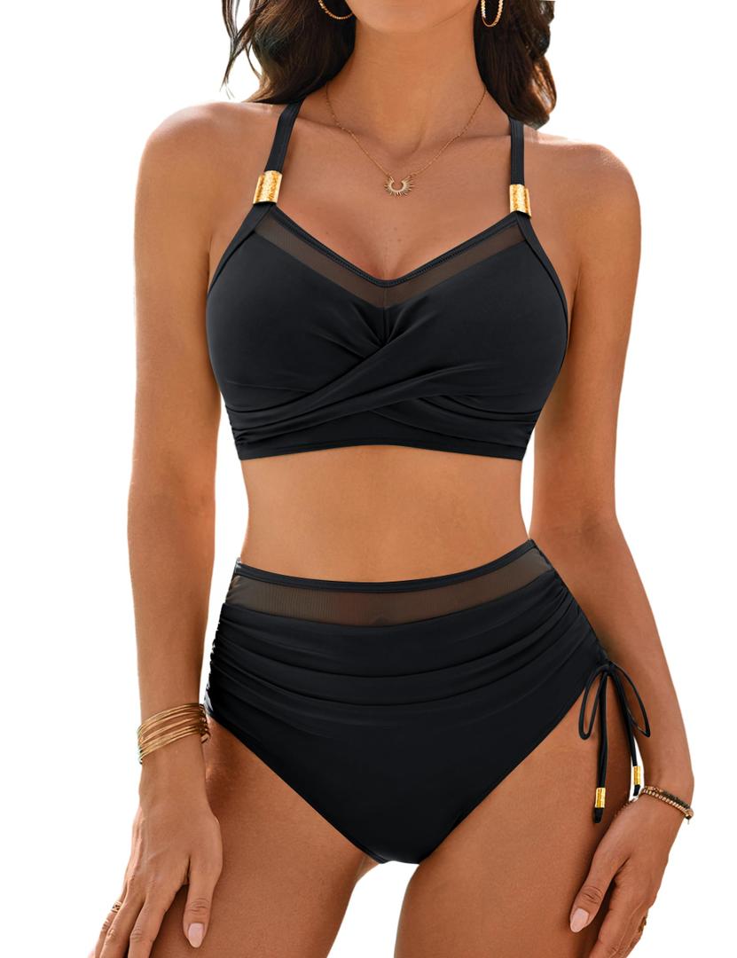 Blooming Jelly Women High Waisted Bikini Sets Tummy Control Bathing Suit 2 Piece Mesh Slimming Swimsuits (S, Blue Green)