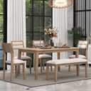 Classic and Traditional Style 6-Piece Dining Table Set for 6, Includes 1 Table, 4 Upholstered Chairs & Bench, Ideal for Kitchen, Living Room, Natural Wood Wash