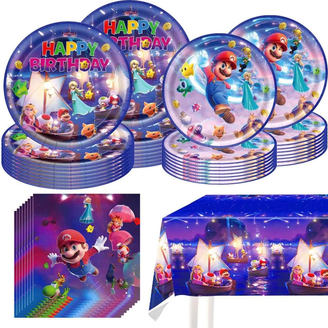 latest Mario Party Tableware, 20 Plates and 20 Napkins and Tablecloth71 '' x 42 ''Super Bros Birthday Party Decorate Supplies