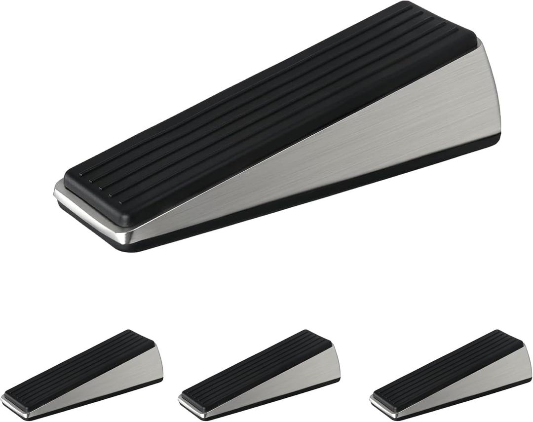 HOMOTEK 4 Pack Door Stops for Bottom of Door, Heavy Duty Wedge Door Stoppers Strongest Under Door Wall Protectors of Premium Quality Alloy and Rubber, Brushed Stainless Steel