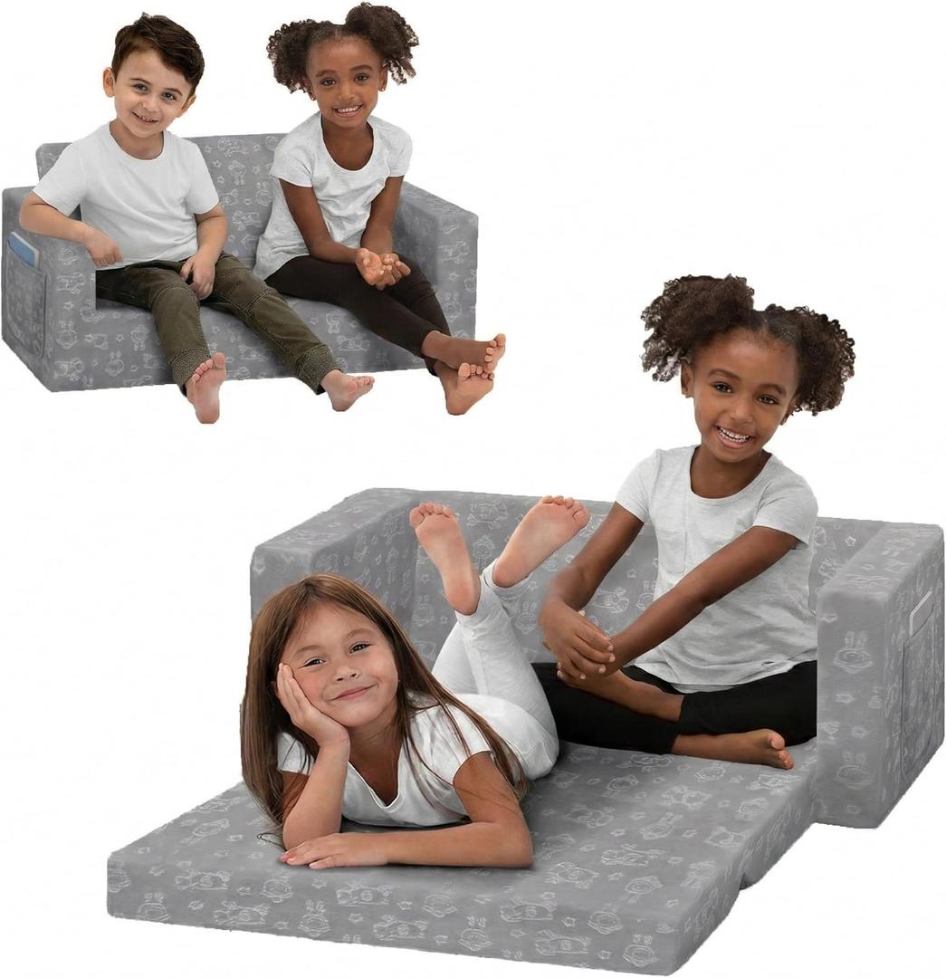 Delta Children - Serta Perfect Sleeper Kids 2-Seater Sofa, Convertible 2-in-1 Flip Open Toddler Couch Sleeper, Foam Chair for Playroom & Bedroom, Bed Lounger, Comfy Play Sleeping Lounge Chair, Grey