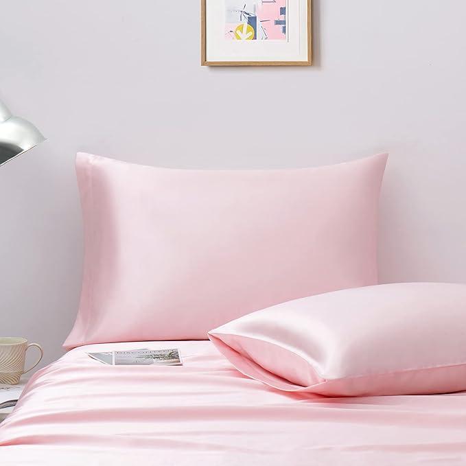2 Satin Pillowcases and a Fitted Sheet, Silk Sheet and Ultra-Soft, Silky Pillowcases to Protect Hair and Skin (Soft Pink), Size Full