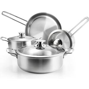 Stainless Steel Pots and Pans Set, 7-Piece Kitchen Cookware Sets with Glass Lids, Stay-Cool Handle, Oven Safe, Works with Induction/Electric and Gas Cooktops, Dishwasher