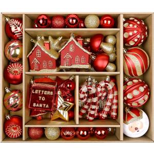 SHareconn 80ct Christmas Balls Ornaments Set, Shatterproof Plastic Colorful Xmas Decorative, Baubles for Tree Decorations with Hanging Strings, Red & Gold