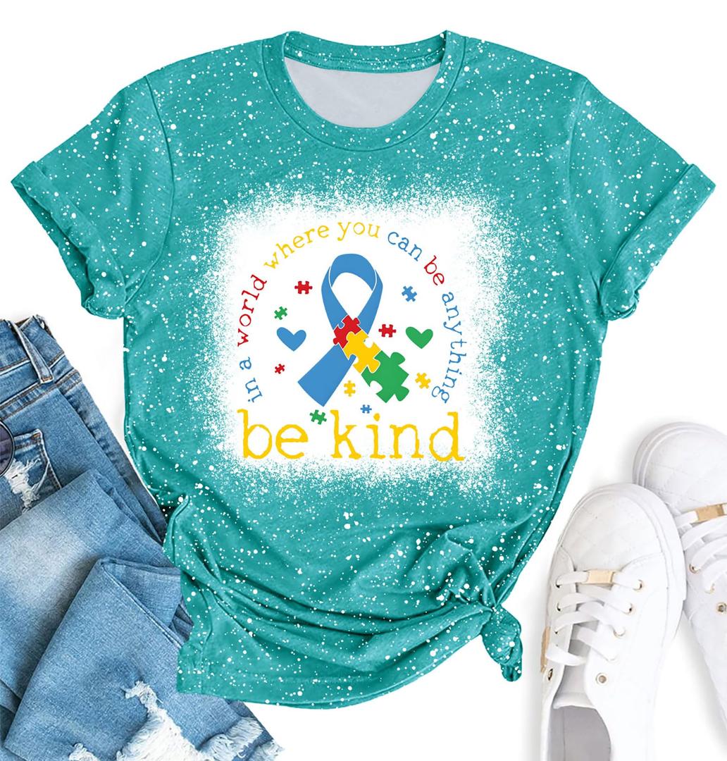 YZMI in April We Wear Blue Autism Awareness Shirt Rainbow Short Sleeve Pattern Tops Bleached L