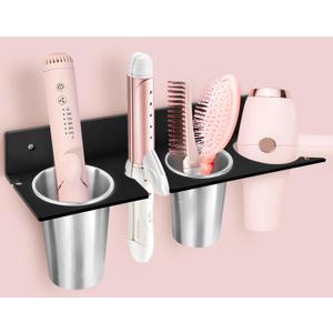 Hair Tool Organizer, Hair Dryer Holder with Heatproof Steel Cups, Acrylic Vanity Organizer for Curling Iron, Flat Iron & Hair Brushes, Perfect for Bathroom (Black, Oversized)