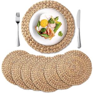 6 Pack, Round Woven Placemats, Natural Water Hyacinth Place mats, Braided Straw Table Mats for Dining Table, Christmas Placemats Set of 6 (15 inch)