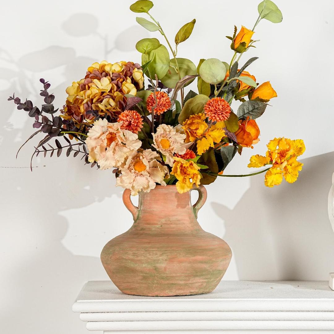 Sungmor Rustic Ceramic Flower Vase with Handles, Decorative Pottery Vase 7 Inch Terracotta Plant Pots, Cement Textured Vases Home Decor, Indoor Fresh Flowers Planter, Dried Flower Arrangements (Style 1 - 7 Inch Tall)