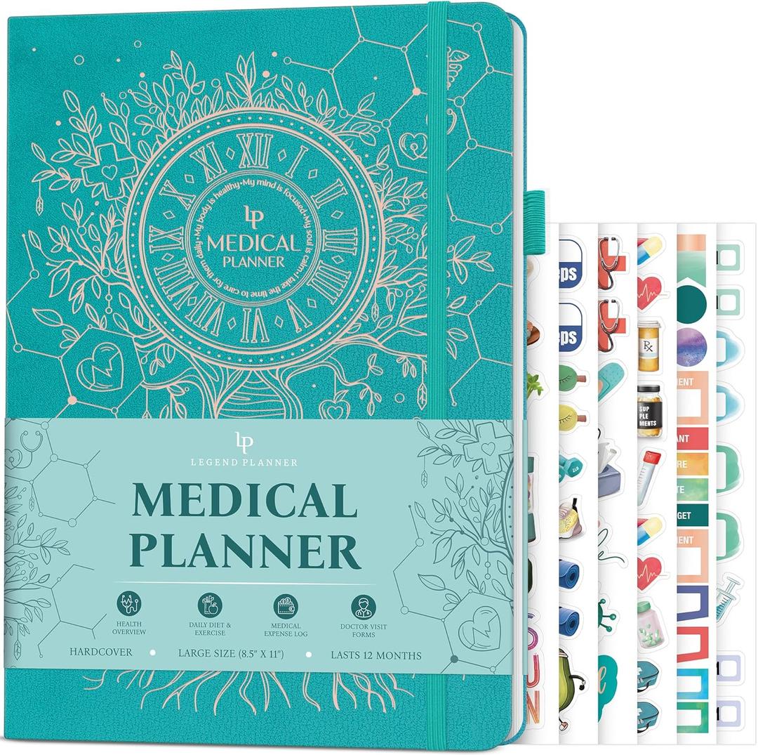 Legend Medical Planner 12-Month Health Tracker Journal to Track Meals, Symptoms, Blood Pressure, Lab Test Results Med & Wellness Notebook for Daily Self-Care & Health Goals (Turquoise)