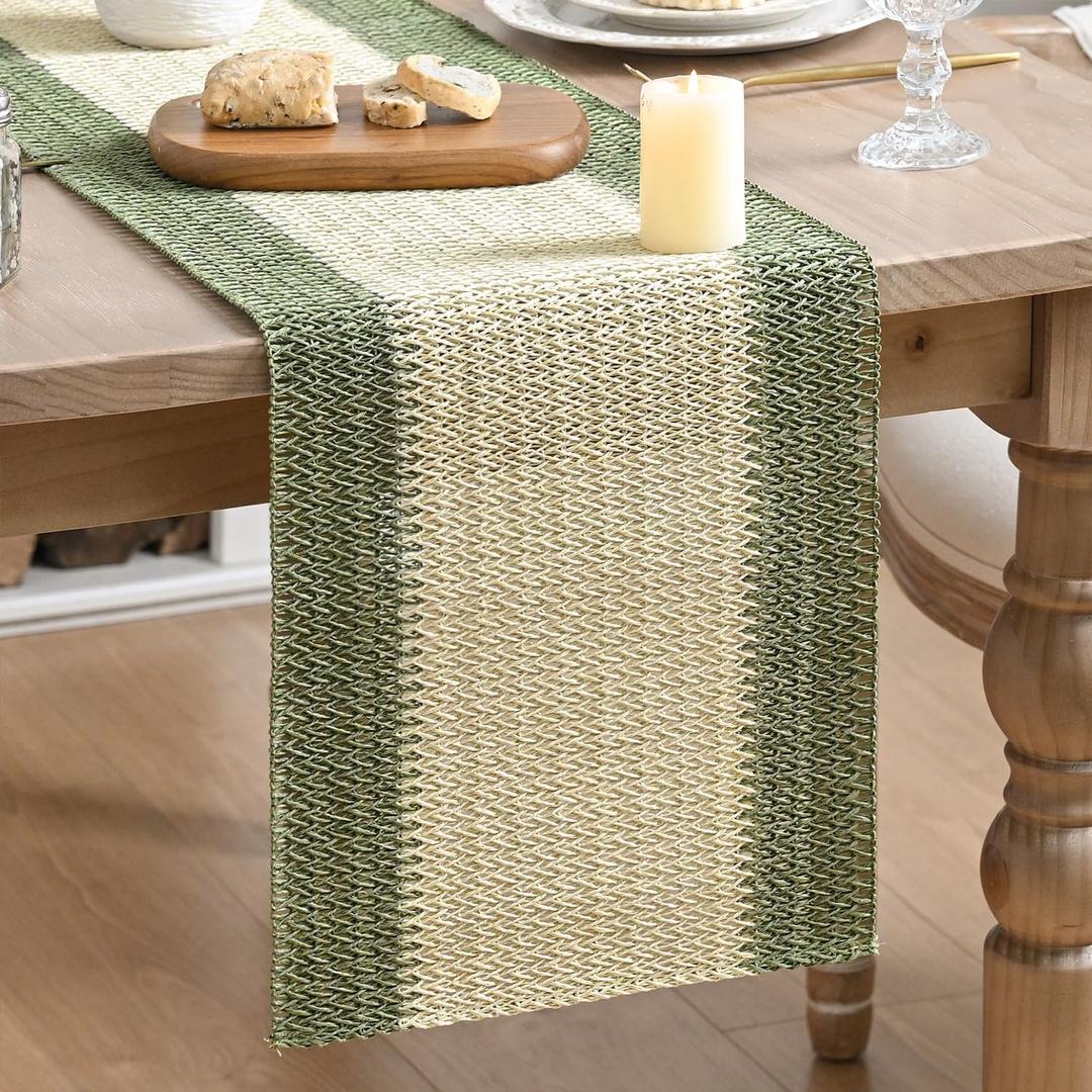 Artoid Mode Dark Green Farmhouse Rustic Paper Braided Table Runner, Seasonal Christmas Woven Kitchen Dining Table Decoration for Home Party Decor 12x108 Inch