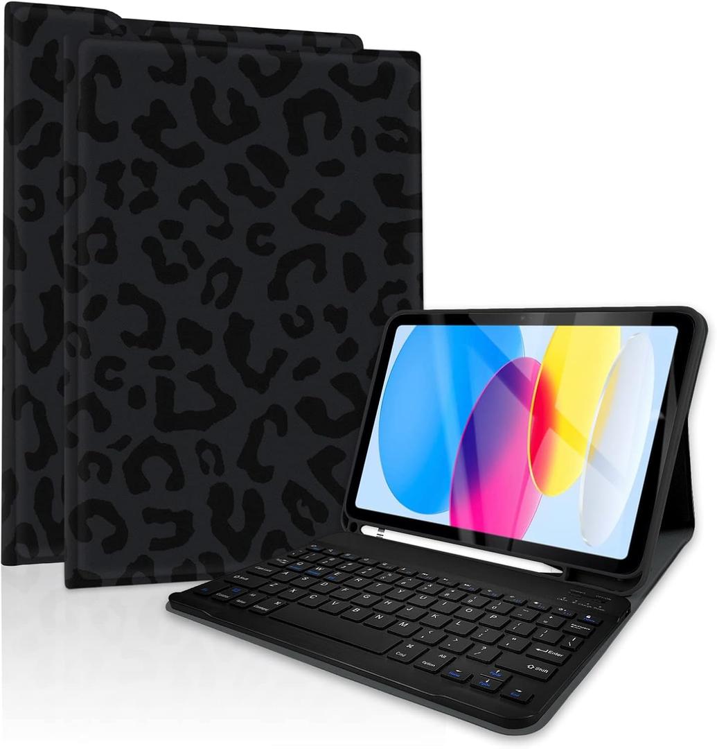 TopPerfekt Case Keyboard for iPad Gen 11th (A16) 11-inch 2025 / iPad 10th 10.9-inch 2022Detachable, Rechargeable, Magnetically Absorbent,Pencil Holder for 10.9 inch Case with Keyboard- Black Leopard (Leopard Black)