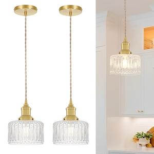 Vintage Pendant Light Set of 2, Brushed Gold Pendant Lights Kitchen Island with Clear Glass, Brass Kitchen Island Light Adjustable Hanging Light for Entrance Living Room Bathroom Dining Room Hallway