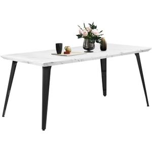 FurnitureR Dining Table 62.9 Inch for 4-6 Person with Sturdy Faux Marble Print Tabletop and Metal Steel Legs, Stylish Rectangular Functional Table for Kitchen Dining Room, Marble White