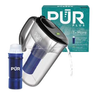 PUR Plus 7-Cup Water Pitcher, 1 Lead-Reducing Filter, Cleaner, Great-tasting Water, Dishwasher Safe, Powerful Filtration, Filter Change Light Indicator, LockFit Cap Design - Smoke