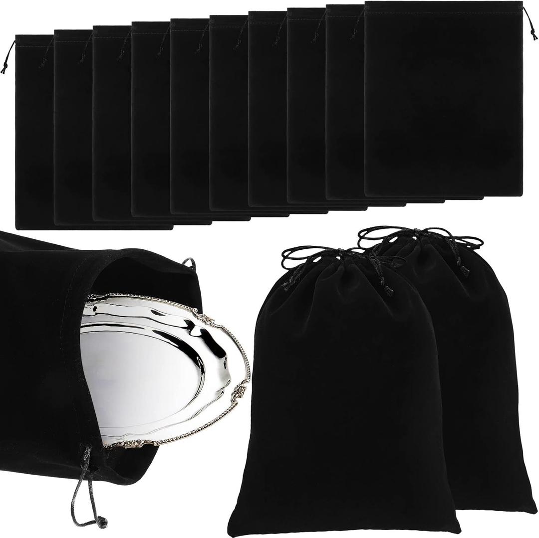 Boao 10 Pcs Silver Storage Bags, 9 x 11.8 Inch Fabric Cloth Anti Tarnish Bags for Silver Jewelry Silverware Protection Flatware Silverplate Tarnish Cleaning(Black)