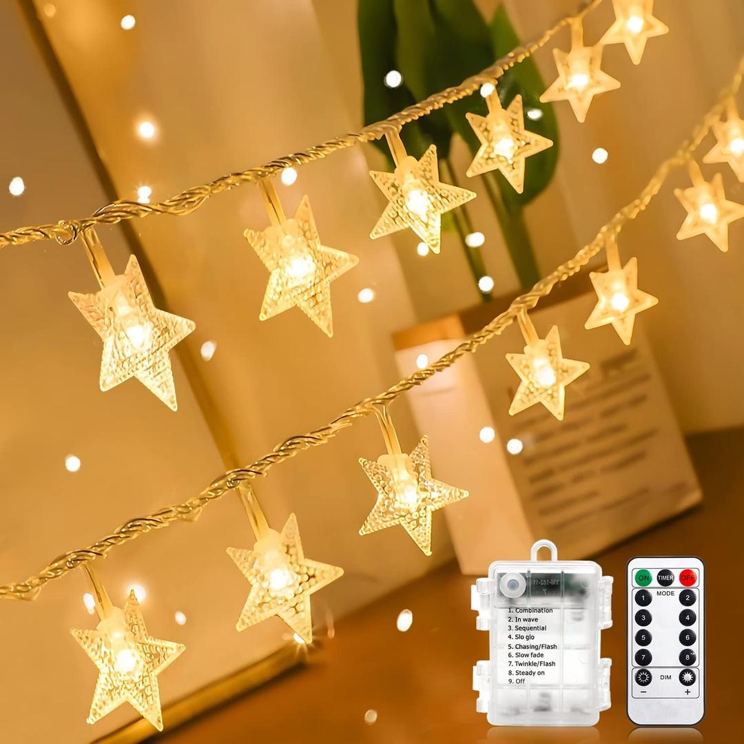 ANJAYLIA Star Lights 20 FT 40 LED Battery Operated String Lights with Remote for Bedroom Indoor & Outdoor, Party, Ramadan, Christmas and Wedding Decorations Warm White