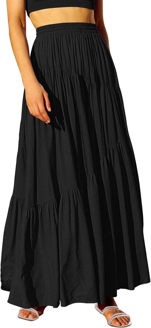 ANRABESS Womens Boho Elastic High Waist Pleated A-Line Flowy Swing Asymmetric Tiered Maxi Long Skirt Dress with Pockets (Medium)